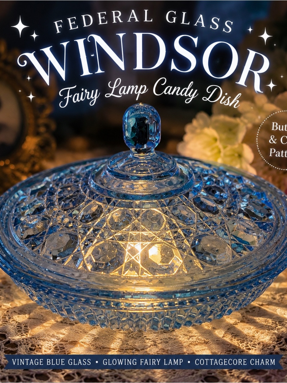 Federal Glass Windsor Blue Candy Dish Fairy Lamp Button & Cane